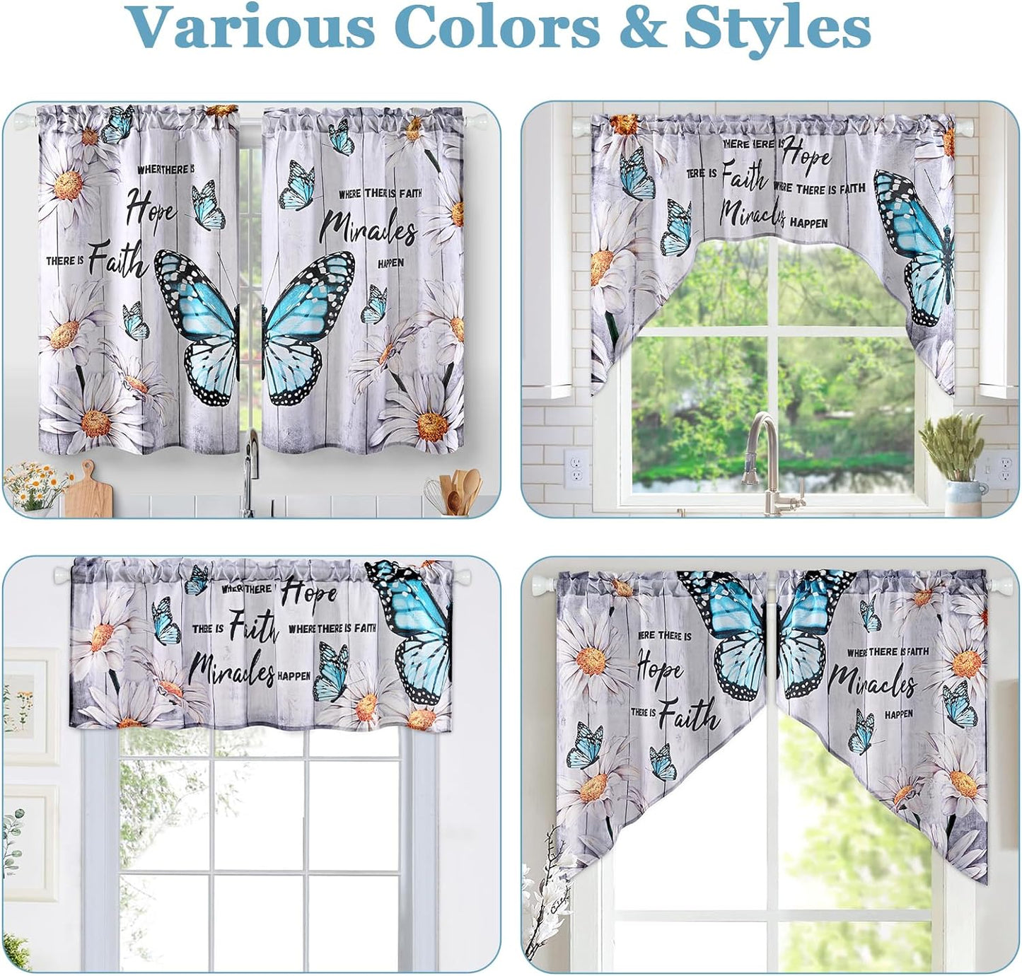 Alishomtll Kitchen Curtains Butterfly Floral Print Window Curtain Tier Sets Rod Pocket, 26"Wx36"L,2 Panels,Gray