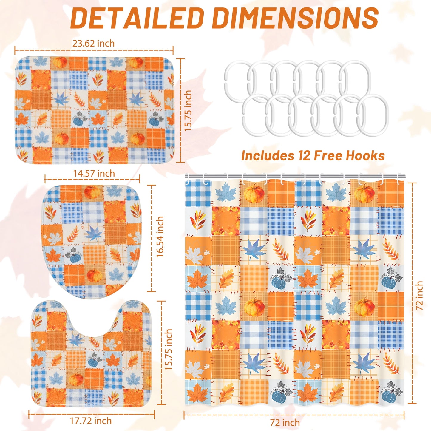 FRAMICS Thanksgiving Plaid Pumpkin Shower Curtain Sets with Rugs, 16-Piece Fall Leaves Bathroom Sets with Hooks, Waterproof Fabric Orange Blue Bathroom Decor Set