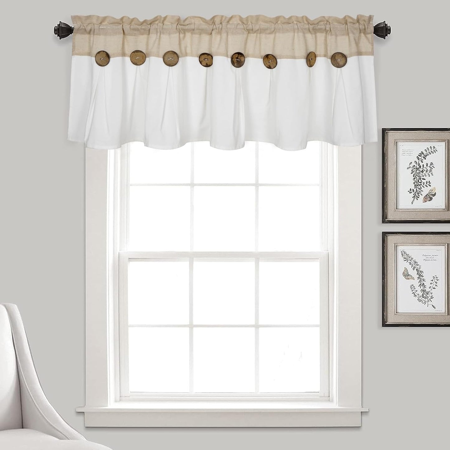 Alishomtll Linen Valance Farmhouse Boho Button Kitchen Curtains ,Rod Pocket,18"L x 52"W, White Linen