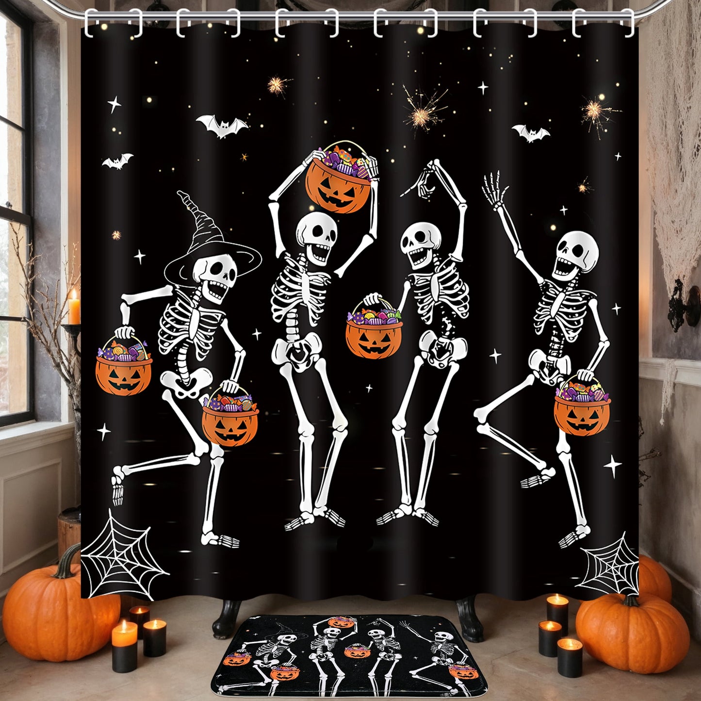 FRAMICS Halloween Skull Shower Curtain Sets with Rugs, 16-Piece Funny Skeleton Pumpkin Bathroom Sets with Hooks, Waterproof Fabric 72" x 72"