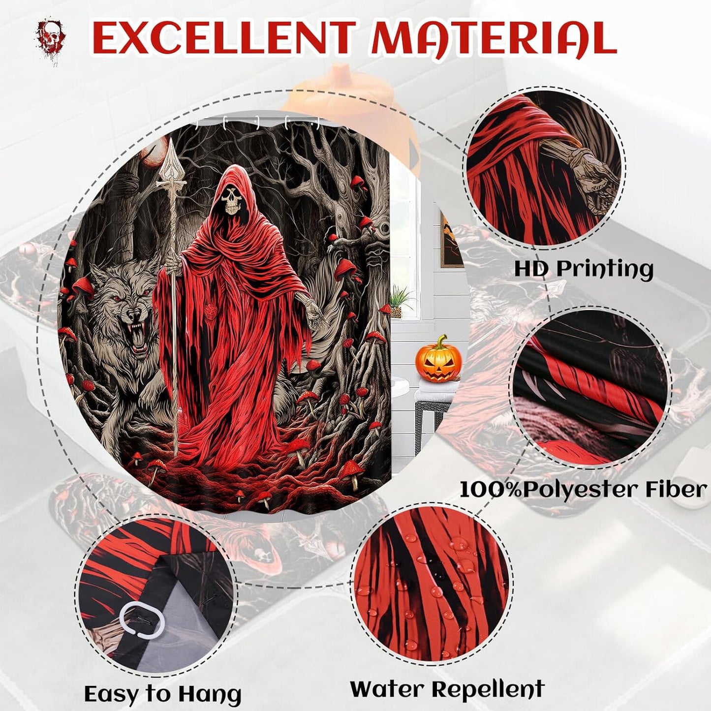 FRAMICS Halloween Death Shower Curtain Sets with Rugs, 16 Pc Goth Scary Skull Bathroom Sets, Red Waterproof Fabric Shower Curtain with 12 Hooks and Toilet Rugs