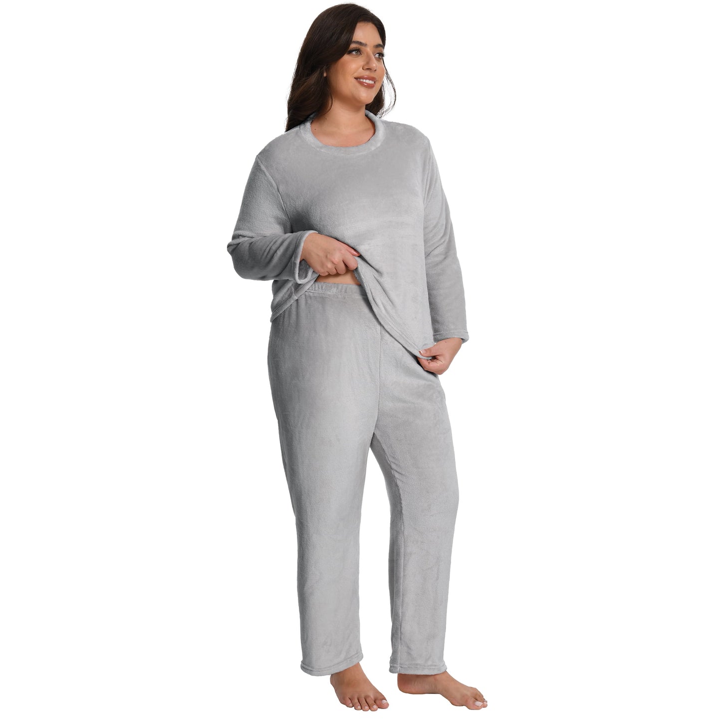 MecTo Women Plus Size Fluffy Pajamas Sets, Lady Fleece Long Sleeves PJ, Grey, 2 piece, Size 4XL