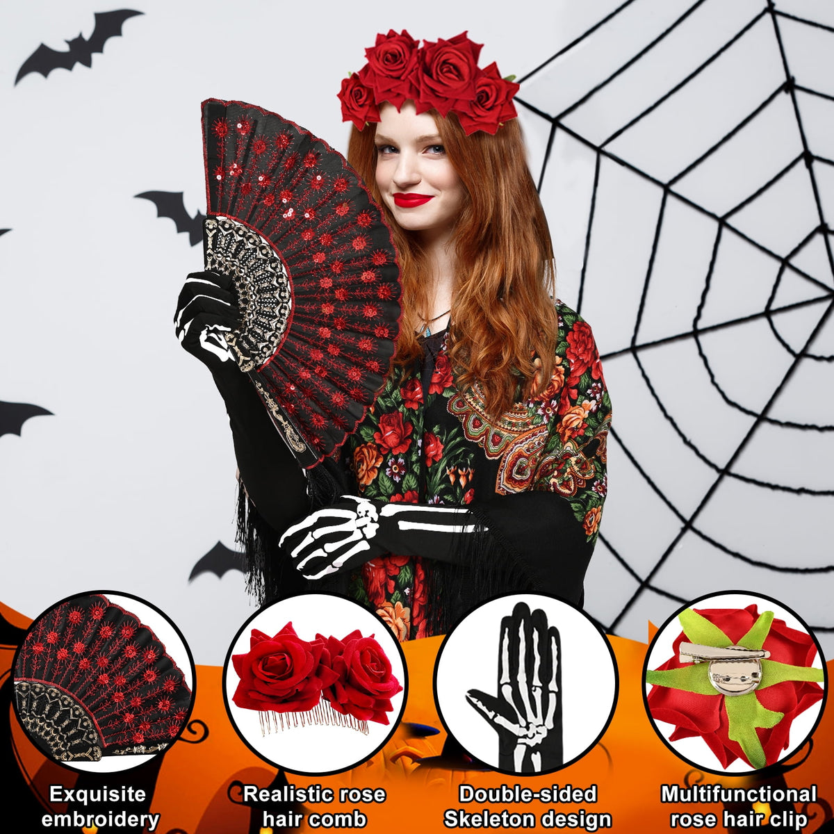 MARTINE MALL 7 Pcs Traditional Mexican Tassel Shawl, Day of the Dead Costumes for Women, Halloween Costume with Flower Hair Clips, Folding Fan, Skeleton Gloves, Temporary Face Tattoos