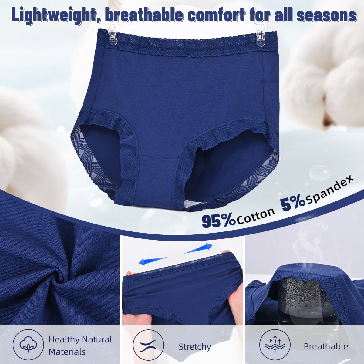 MecTo Womens Cotton Underwear 5 Pack Lace Trim High Waisted Panties Breathable Wicking Briefs