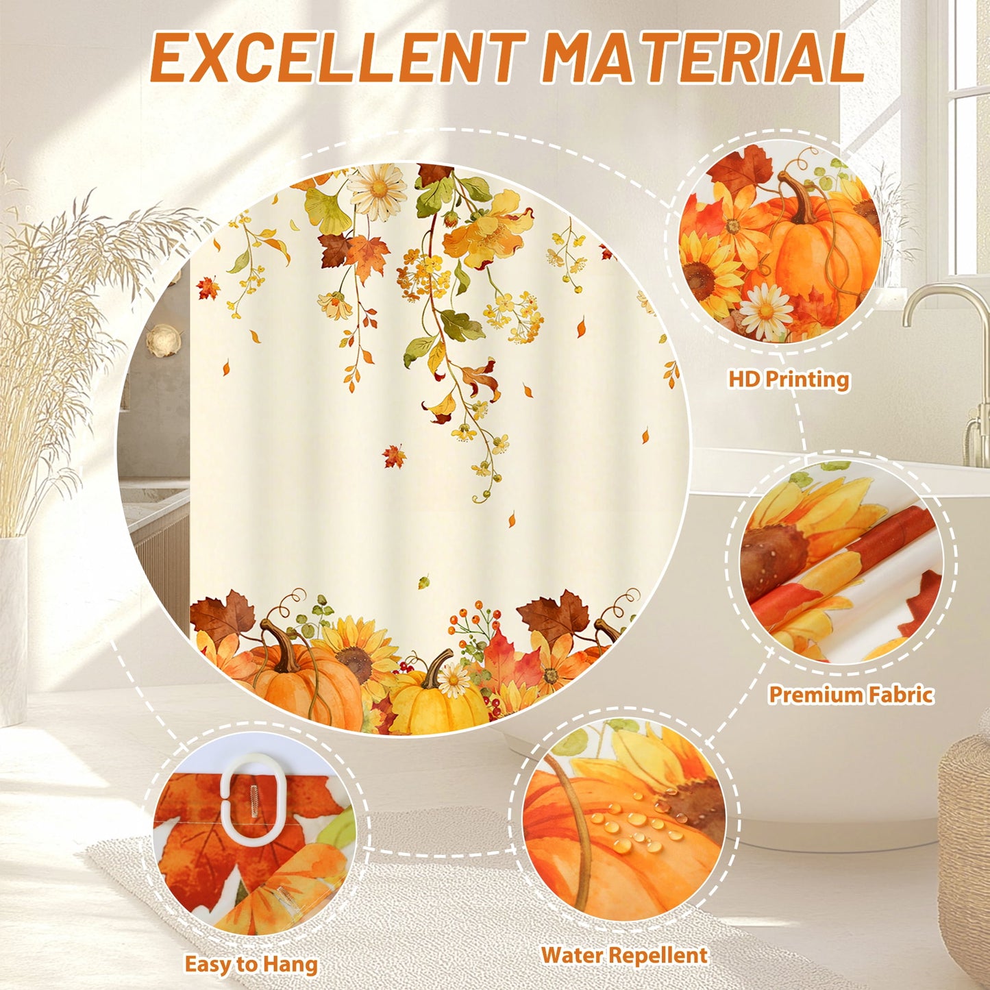 FRAMICS Fall Pumpkin Shower Curtain Sets with Rugs, 16-Piece Thanksgiving Sunflower Buffalo Plaid Bathroom Sets with Hooks, Waterproof Fabric Bathroom Decor Set