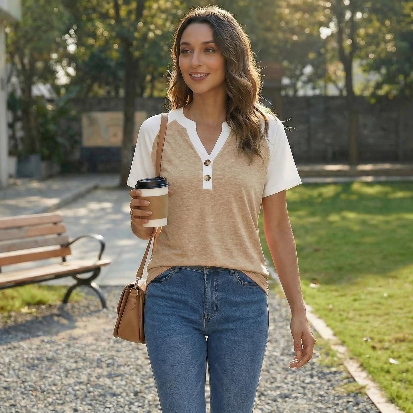 Gingprous Women's Casual Henley Shirt Short Sleeve Color Block Button Up V-Neck Tee Tops for Summer