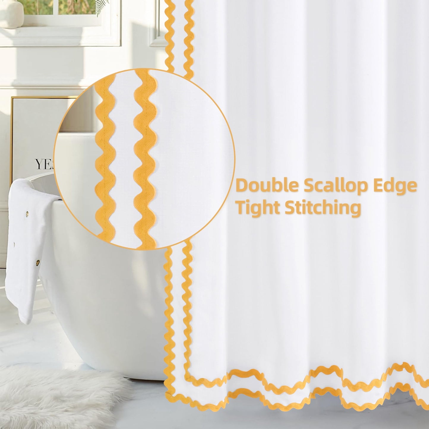 FRAMICS Yellow Scalloped Fabric Shower Curtain Sets with Rug, 14 Piece Bathroom Sets with Hooks, Slub Textured Heavy-Duty & Waterproof, 72" x 72"