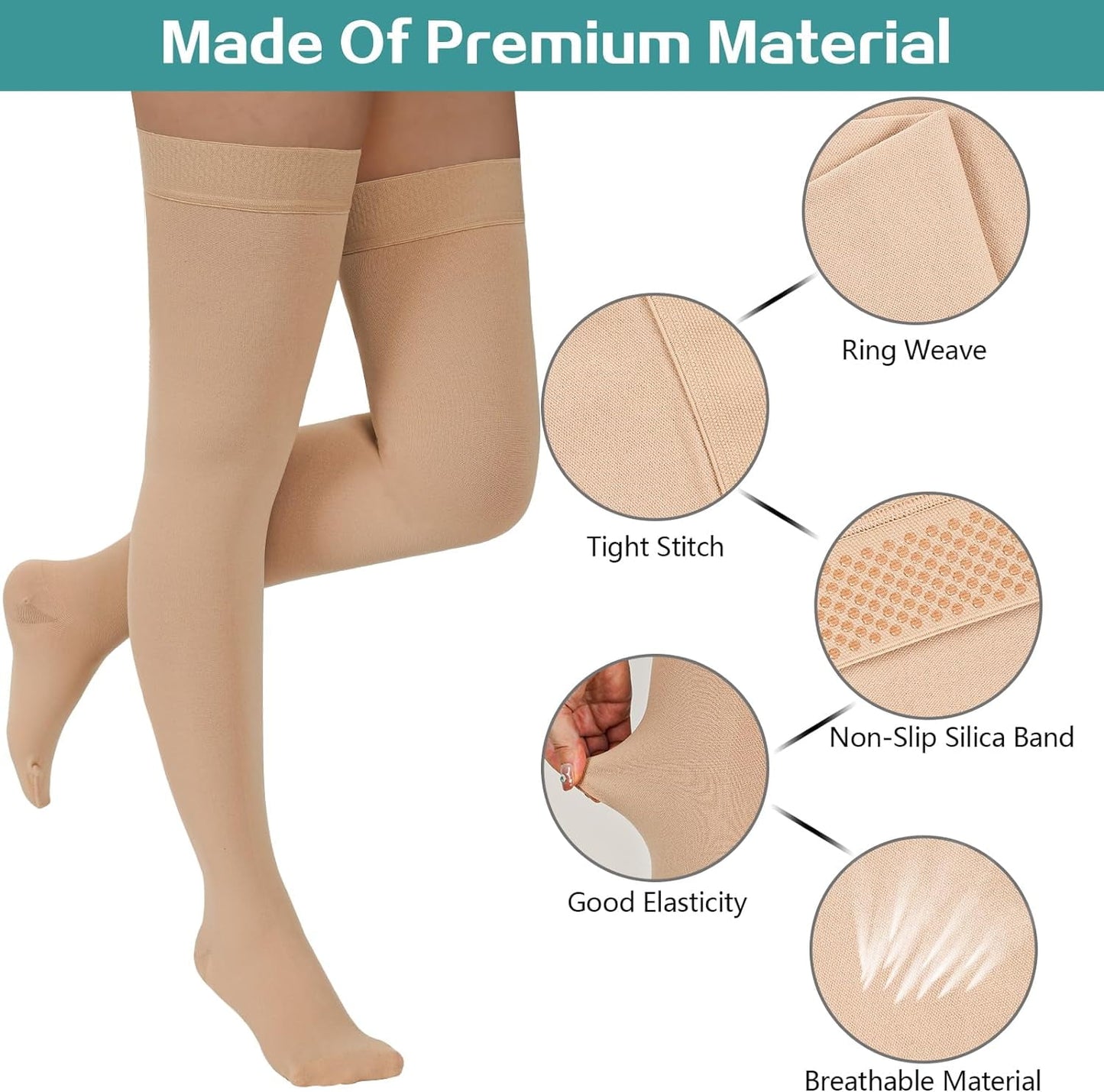 2 Pair Wukang 20-32mmHg Thigh High Compression Stocking Closed Toe Compression Socks for Women & Men(Beige+Black)