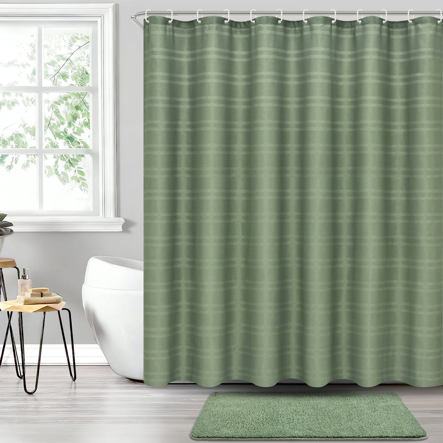 FRAMICS Waffle Weave Shower Curtain Sets with Rug, 14-Piece Striped Bathroom Sets with Hooks, Hotel Grade Heavy-Duty Waterproof Fabric, Sage Green, 71.3" x 71.3"