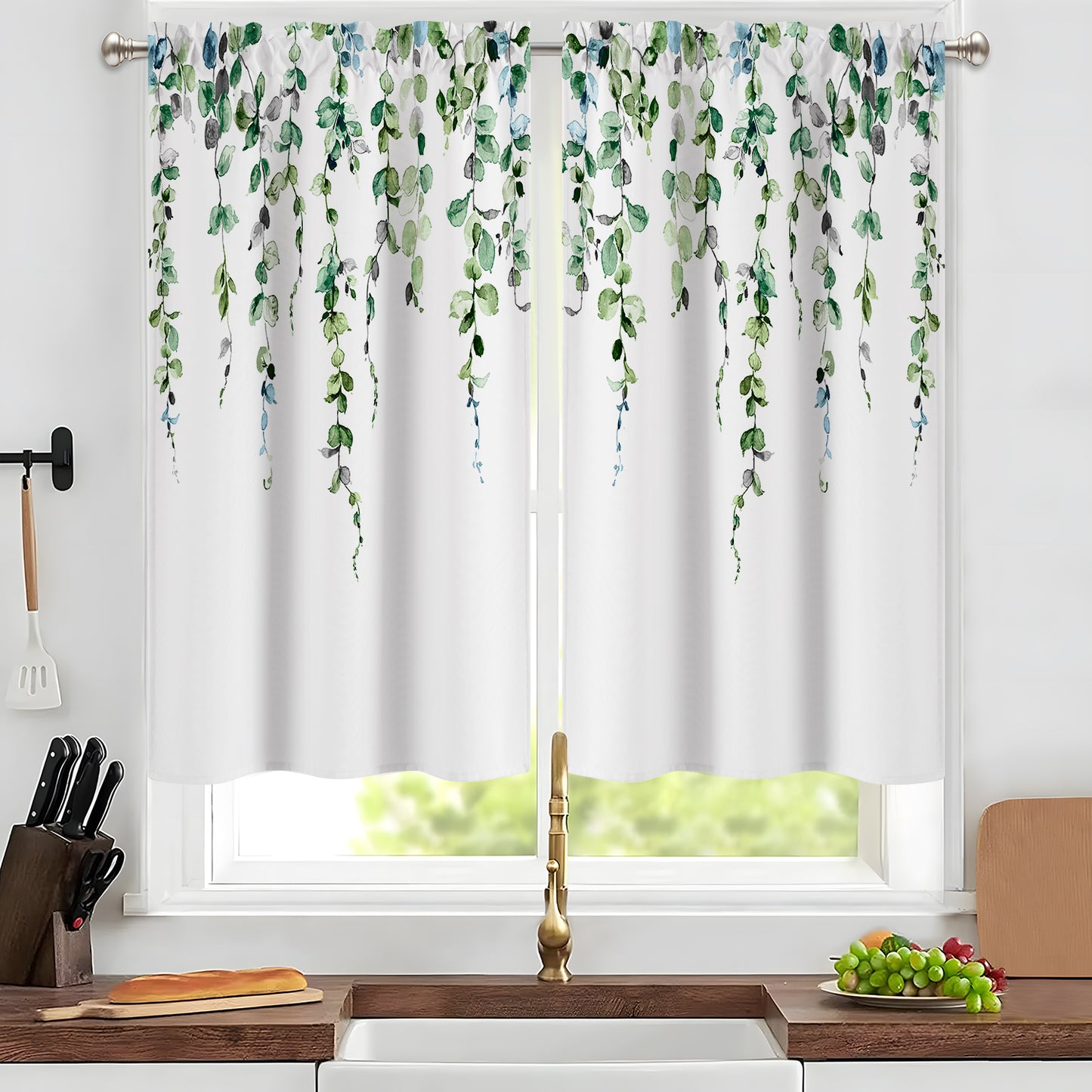 Alishomtll Kitchen Curtains Grey Green Watercolor Leaves Print Tier Windows Drapes Sets 36 Inch ,Rod Pocket