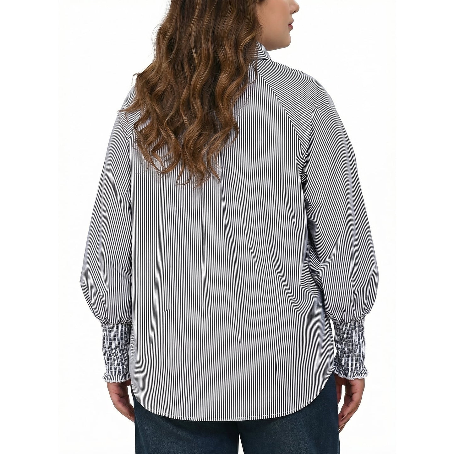 Gingprous Womens Casual Striped Button Down Shirt Long Sleeve Smocked Cuffed Blouse with Pocket Oversized Boyfriend Fit Top
