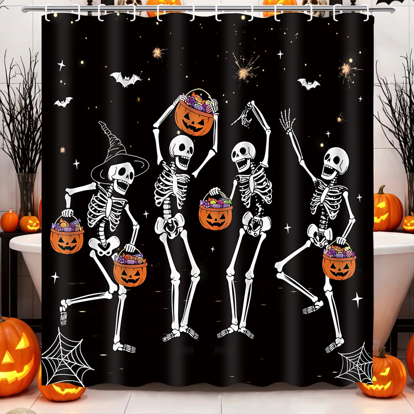 FRAMICS Halloween Skull Shower Curtain Sets with Rugs, 16-Piece Funny Skeleton Pumpkin Bathroom Sets with Hooks, Waterproof Fabric 72" x 72"