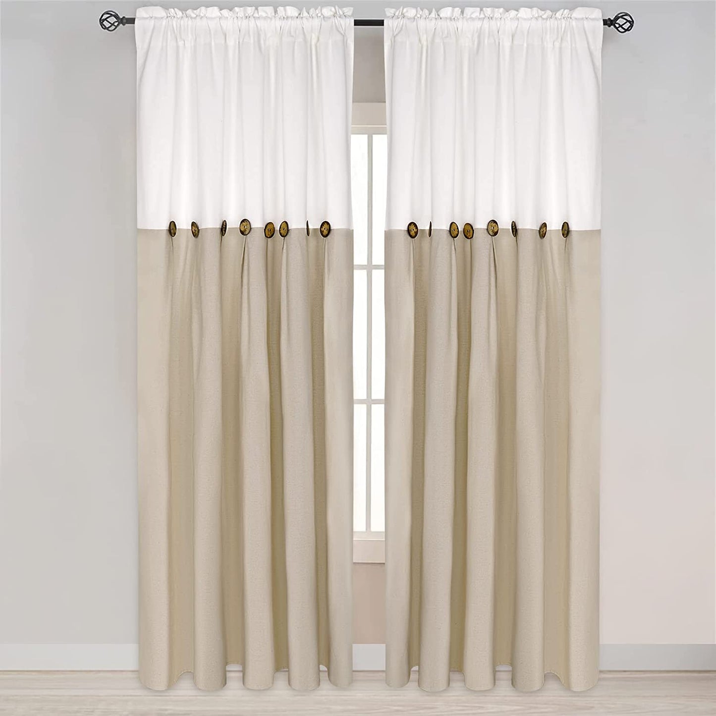 Alishomtll Linen Curtains Farmhouse Boho Button Light Filtering Window Drapes For Living Room Bedroom,Rod Pocket,84"L x 52"W, 2 Panel,Linen White