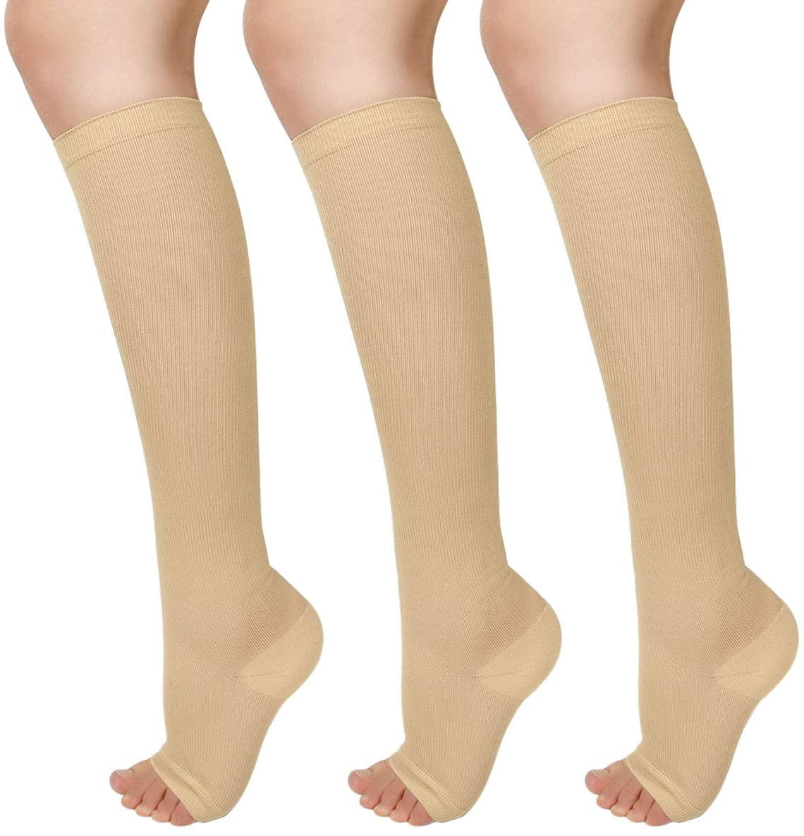 Wukang 3 Pairs S M Knee High Compression Stockings Open Toe 15-20mmhg Compression Socks for Woman Men
