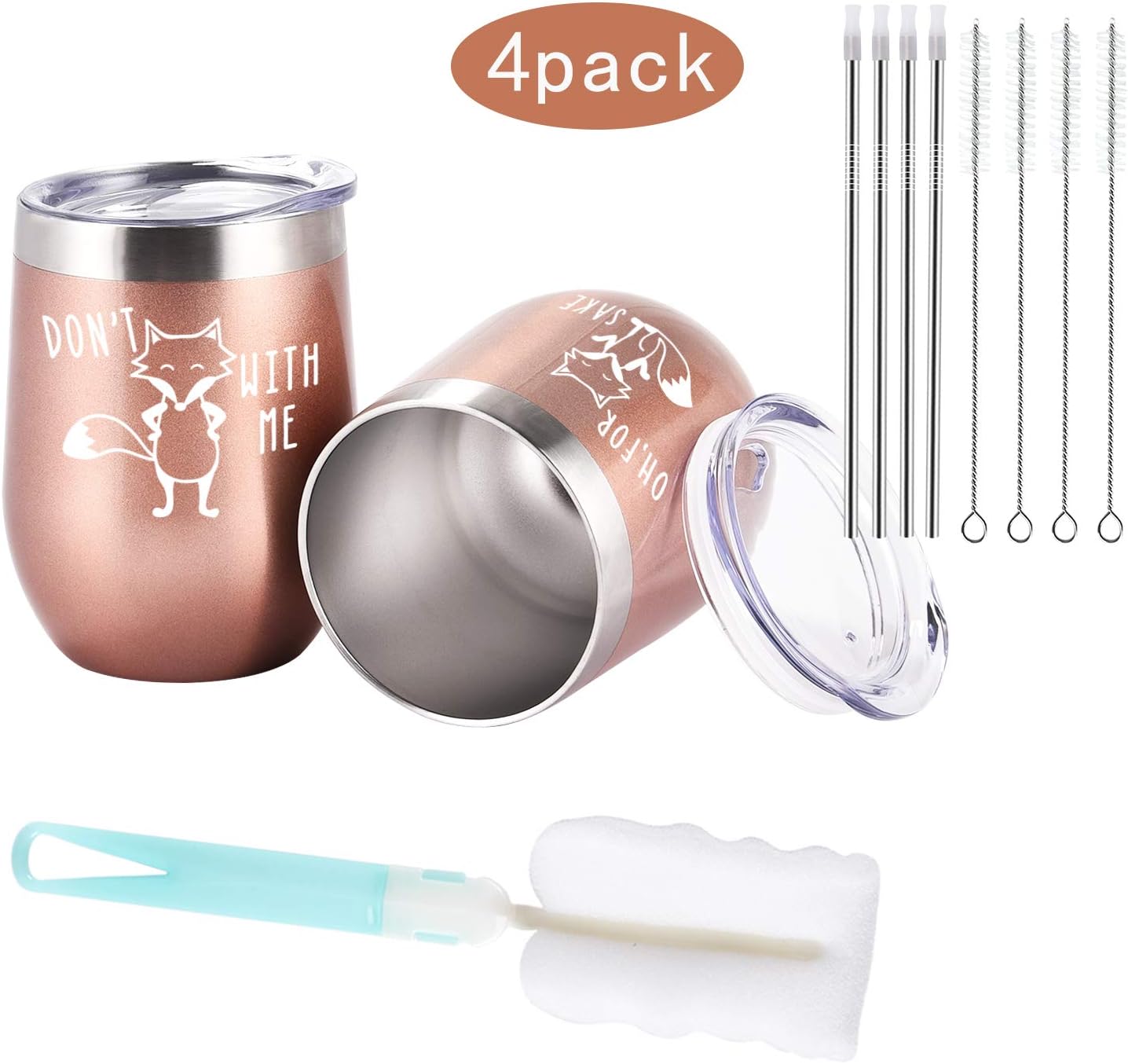 Gingprous 4 Pack The Fox Series Stainless Steel Wine Tumbler Set with Lid and Straw , 12 oz Vacuum Insulated Cup , Rose Gold