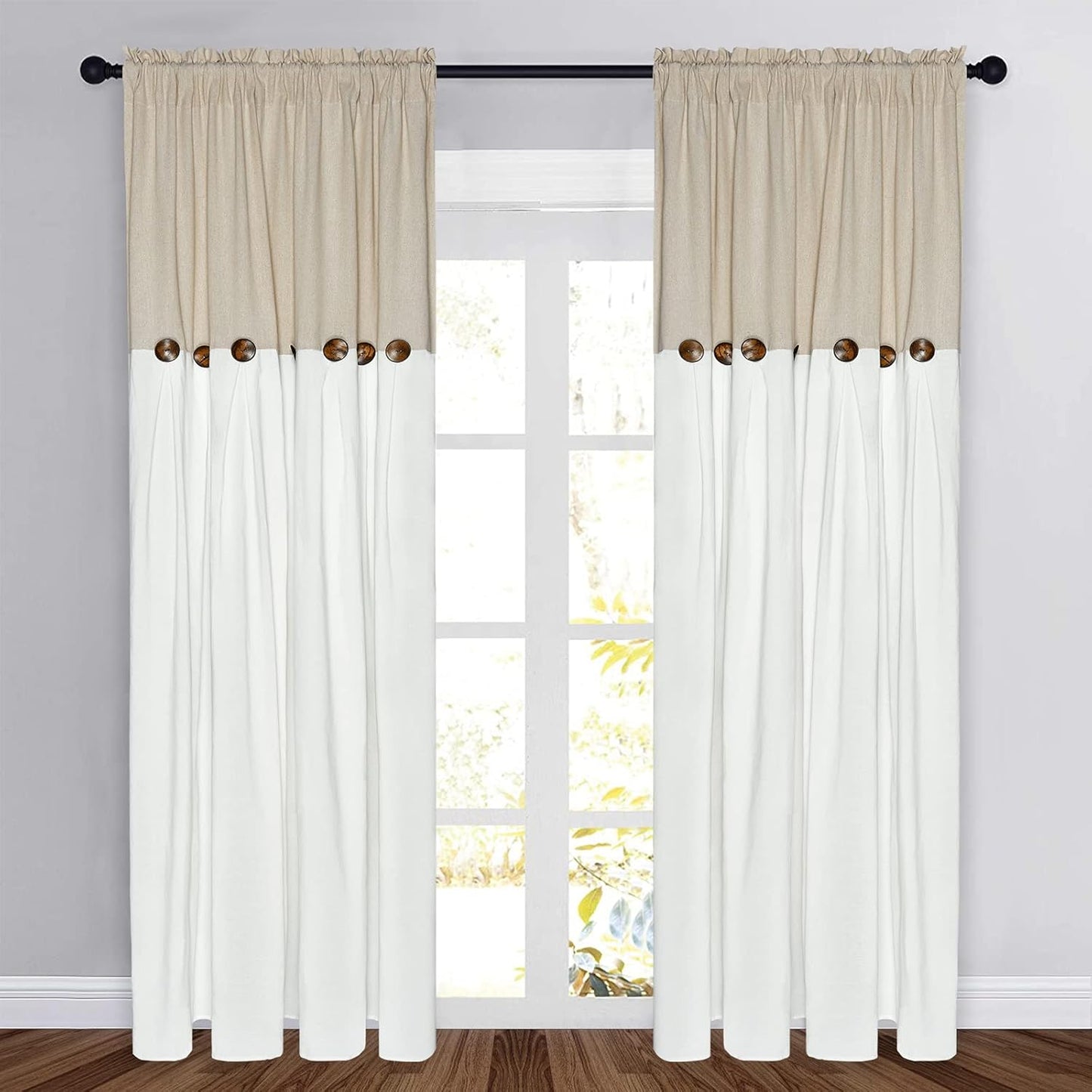 Alishomtll Linen Curtains Farmhouse Boho Button Light Filtering Window Drapes For Living Room Bedroom,Rod Pocket,84"L x 52"W, 2 Panel,White Linen