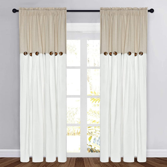 Alishomtll Linen Curtains Farmhouse Boho Button Light Filtering Window Drapes For Living Room Bedroom,Rod Pocket,84"L x 52"W, 2 Panel,White Linen