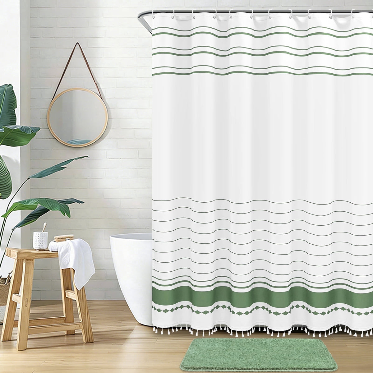 FRAMICS Striped Tassel Shower Curtain Sets with Bath Rug, Boho Farmhouse Water-Repellent Fabric Bathroom Sets with Hooks, Slub Textured Design, 72" x 72", Sage Green
