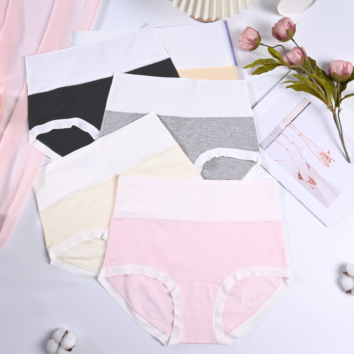 Sunm Boutique Women's High Waist Cotton Underwear 5-Pack Super Stretchy Briefs Full Coverage Panties Soft Women Panties