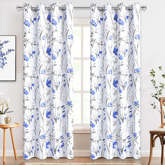 Alishomtll Blue Floral Blackout Curtains for Living Room Bedroom Energy Efficient Thermal Insulated Grommet Window Drapes, 52"x 84",Set of 2