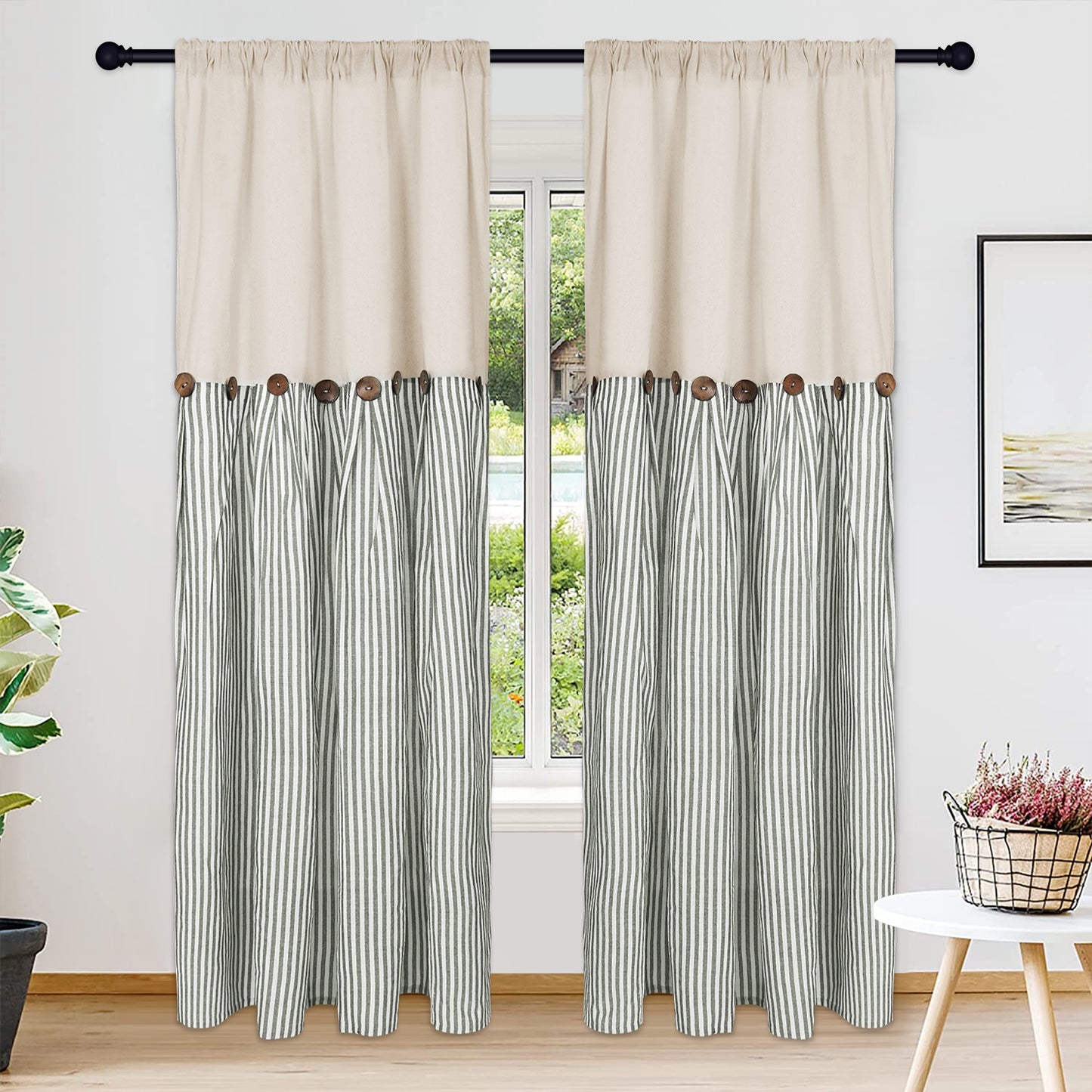 Alishomtll Farmhouse Curtains Natural Stripe Cotton Linen Button Boho Rustic Rod Pocket Back Tab Window Drapes for Living Room , 2 Panels