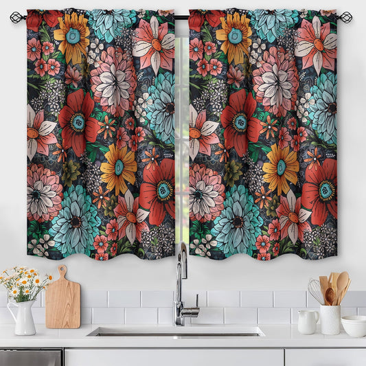 Alishomtll Boho Floral Print Kitchen Curtains Sets for Small Window,2 Panels,Rod Pocket