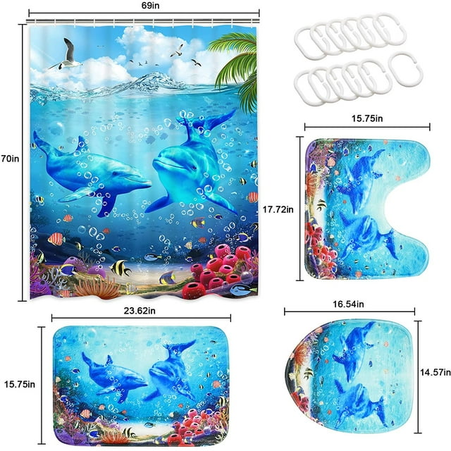 FRAMICS Blue Dolphin Shower Curtain and Rug Sets, 16 Pc Ocean World Bathroom Sets, Waterproof Fabric Shower Curtain with 12 Hooks and Toilet Rugs