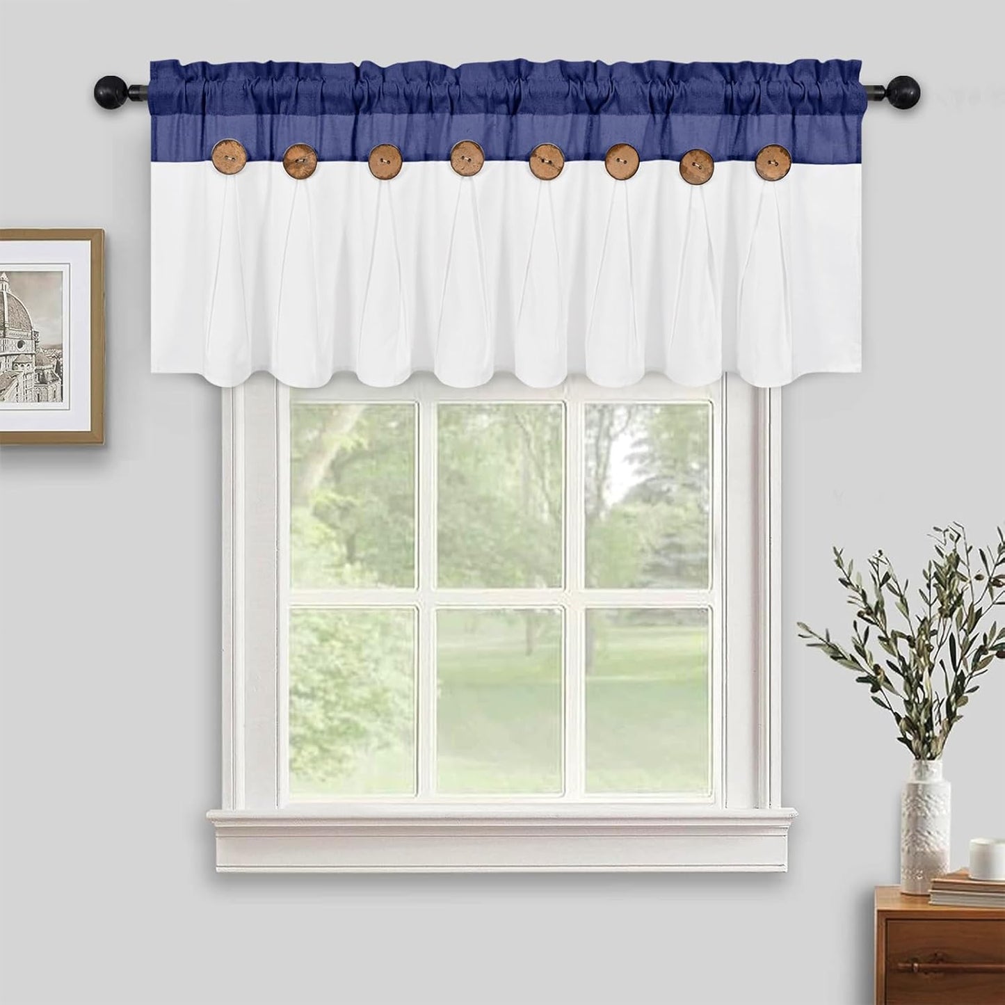 Alishomtll Linen Valance Farmhouse Boho Button Kitchen Curtains ,Rod Pocket,18"L x 52"W, Blue White