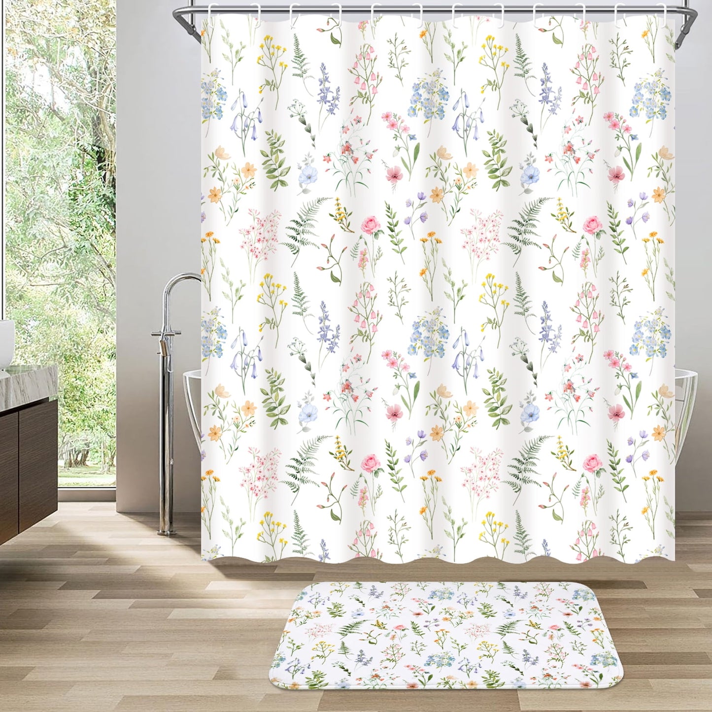FRAMICS Watercolor Floral Shower Curtain Sets with Rugs, Colorful Wildflower Bathroom Sets with Hooks, Waterproof Fabric Bathroom Curtains, Machine Washable
