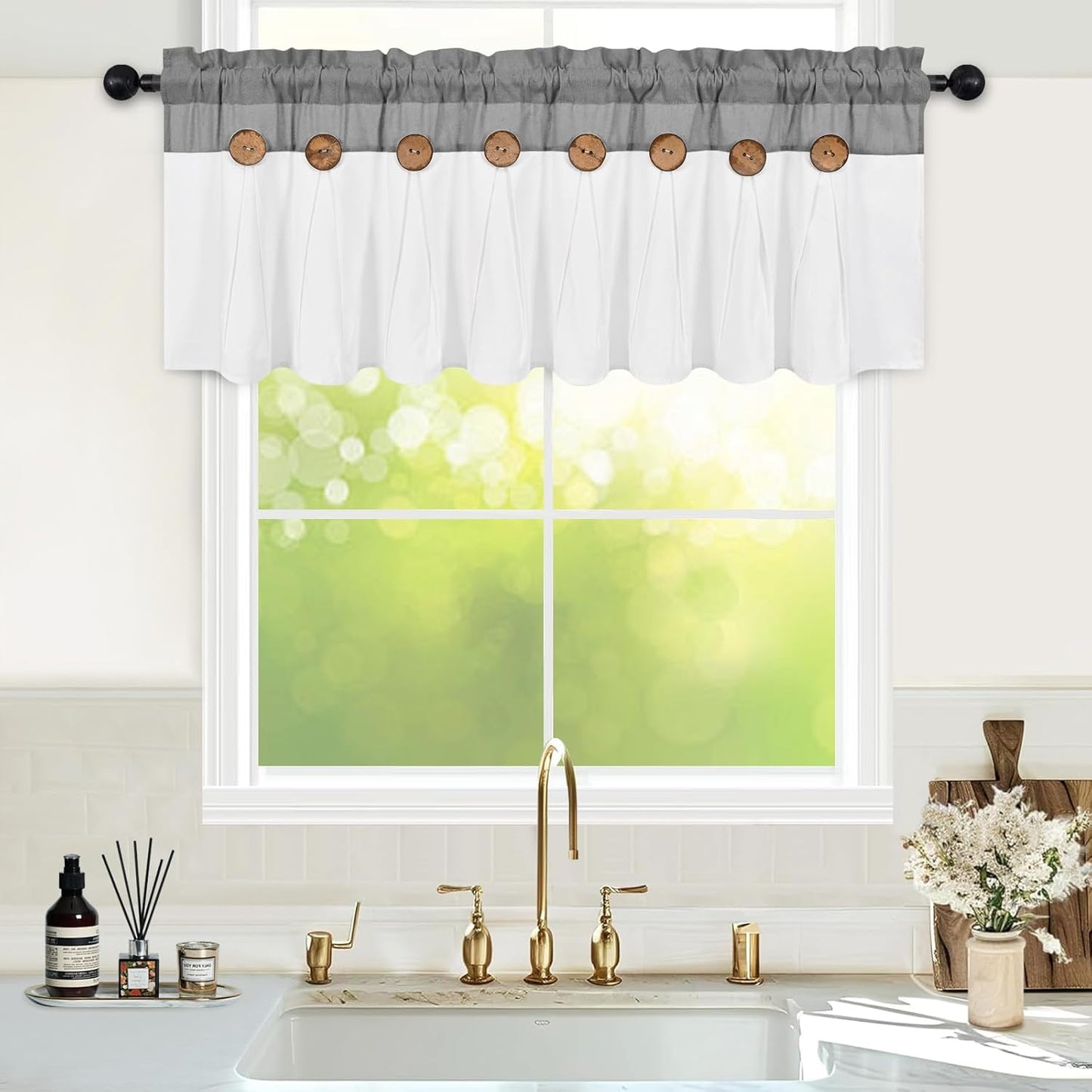 Alishomtll Linen Valance Farmhouse Boho Button Kitchen Curtains ,Rod Pocket,18"L x 52"W, Gray White