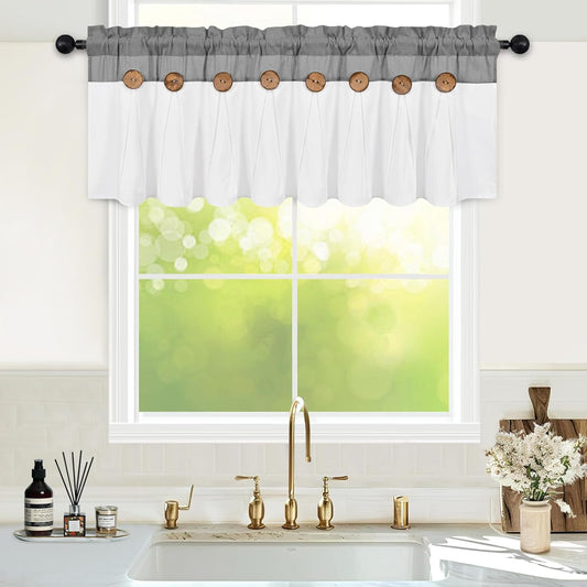 Alishomtll Linen Valance Farmhouse Boho Button Kitchen Curtains ,Rod Pocket,18"L x 52"W, Gray White