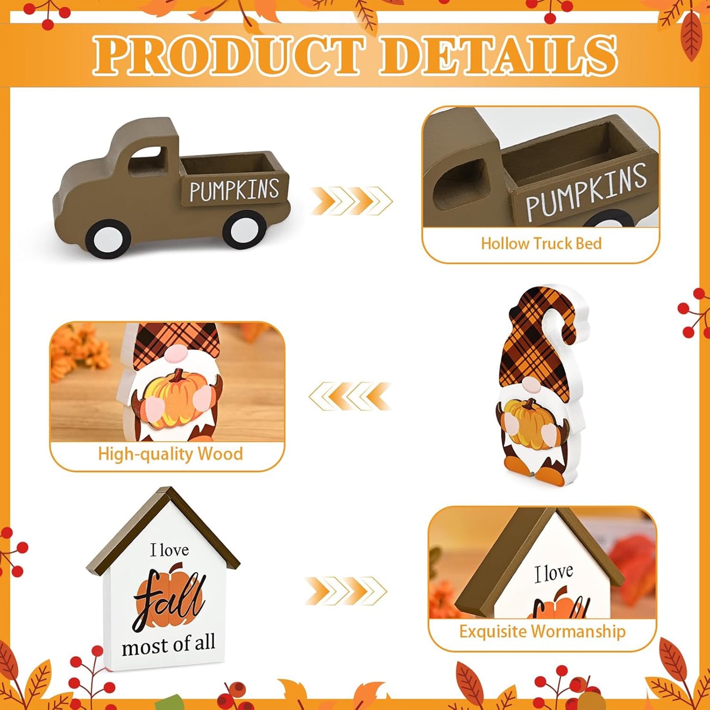 MecTo Thanksgiving Fall Truck Pumpkin Gnome Block Mantle Wooden Tabletop Farmhouse Decorations for Tiered Tray, Mantle, Desk, Bookshelf, Autumn Decor