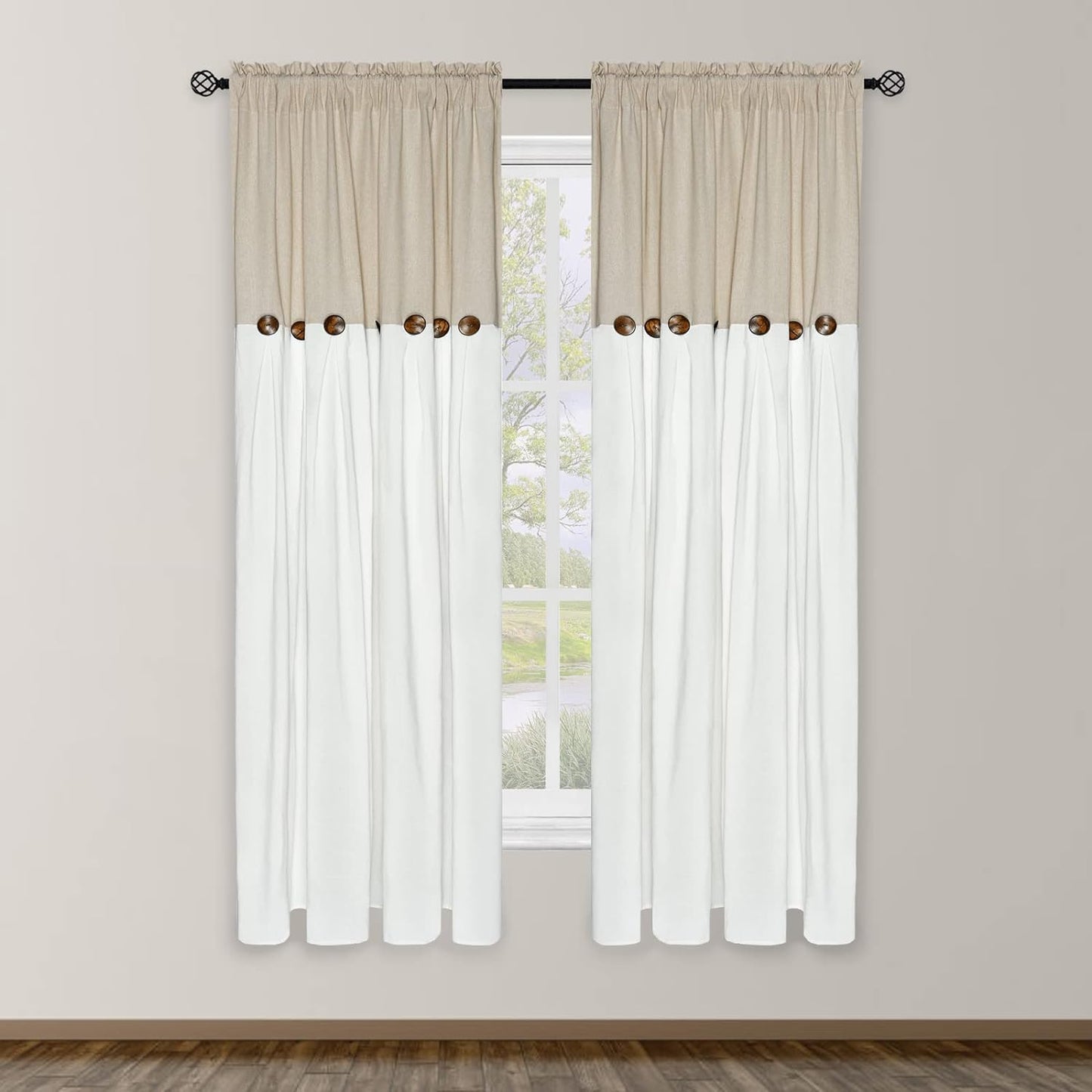 Alishomtll Linen Curtains Farmhouse Boho Button Light Filtering Window Drapes For Living Room Bedroom,Rod Pocket,63"L x 52"W, 2 Panel,White Linen
