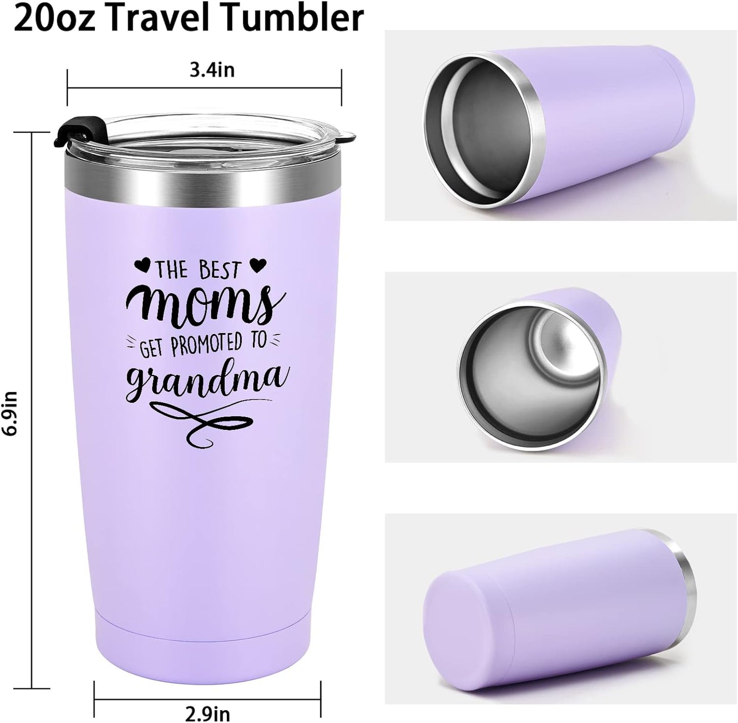 Gingprous 20 oz The Best mom's Get Promoted To Grandma Stainless Steel Tumblers with Lids Straws, Double Wall Travel Tumblers, Vacuum Insulated Tumblers , Purple
