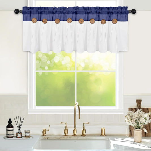 Alishomtll Linen Valance Farmhouse Boho Button Kitchen Curtains ,Rod Pocket,18"L x 52"W, Blue White