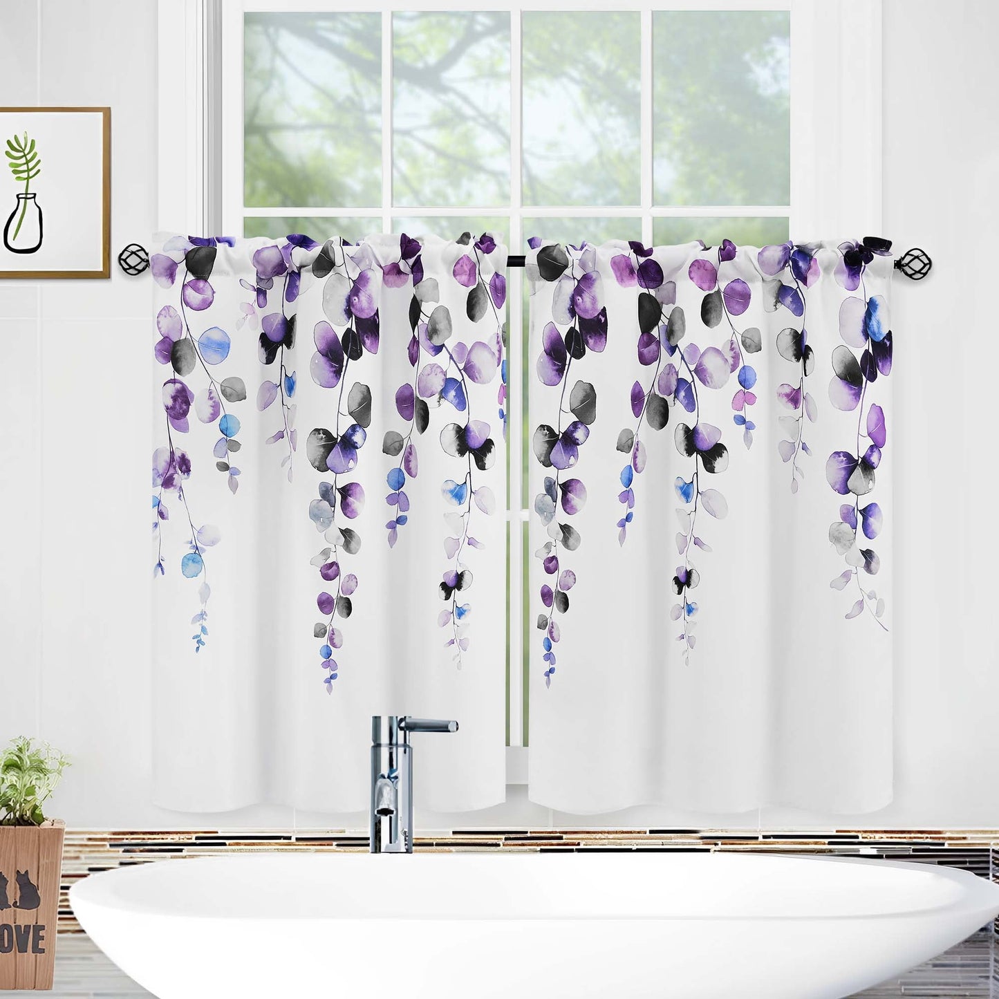 Alishomtll Valance Curtains for Living Room Bedroom Kitchen Windows Grey Purple Watercolor Leaves Print ,52 x 18 inch,Rod Pocket