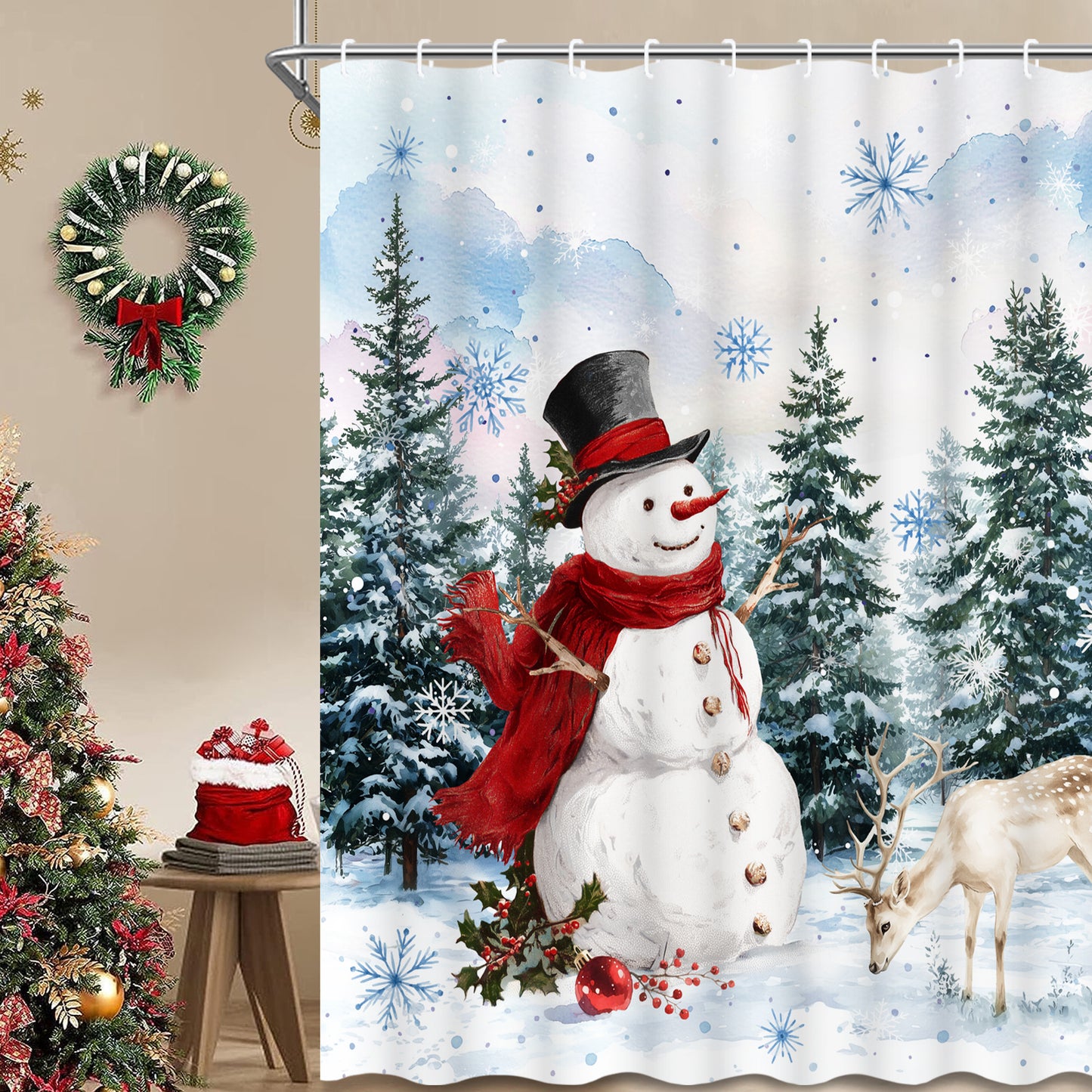 FRAMICS Christmas Snowman Shower Curtain Sets with Rugs, 16 Pcs Winter Pine Forest Deer Bathroom Sets, Waterproof Fabric Bathroom Curtain for Home Holiday Decor with Hooks