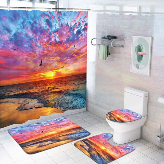 FRAMICS 16 Pc Beach Seagull Shower Curtain and Rug Sets, Purple Sunset Bathroom Sets, Waterproof Fabric Shower Curtain with 12 Hooks and Toilet Rugs