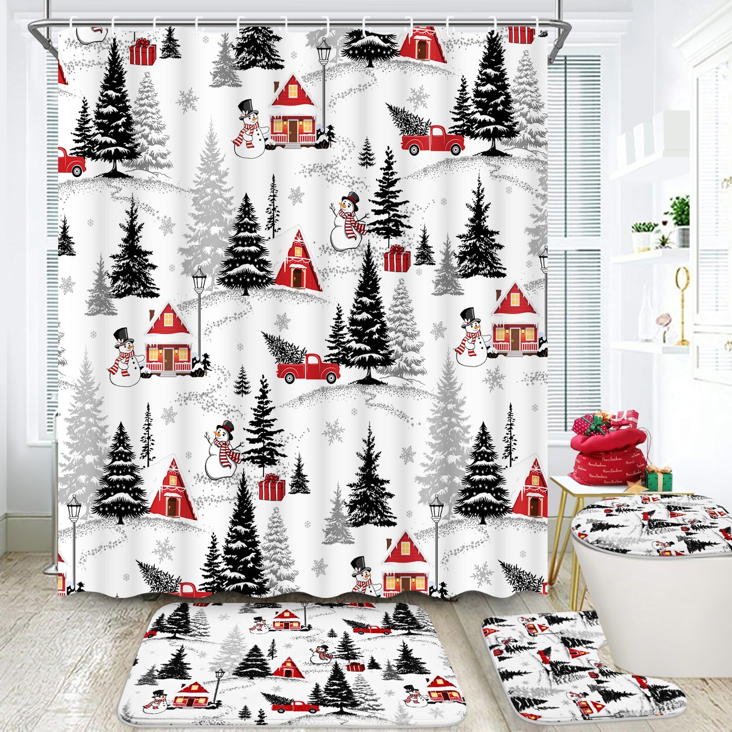 FRAMICS Christmas Snowman Shower Curtain Sets with Rugs, 16 Pcs Pine Tree Truck Bathroom Sets, Waterproof Fabric Bathroom Curtain for Home Holiday Decor with Hooks