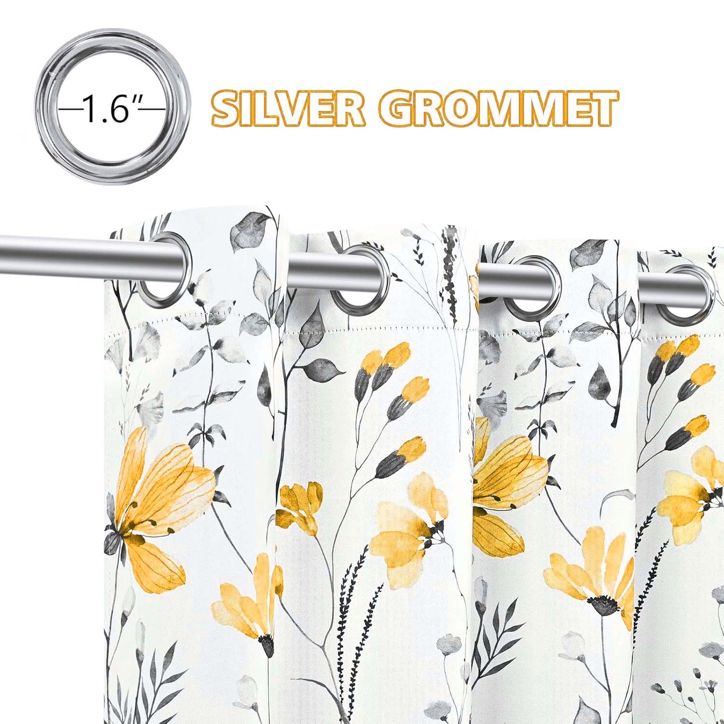 Alishomtll Yellow Floral Blackout Curtains for Living Room Bedroom Energy Efficient Thermal Insulated Grommet Window Drapes, 52"x 84",Set of 2