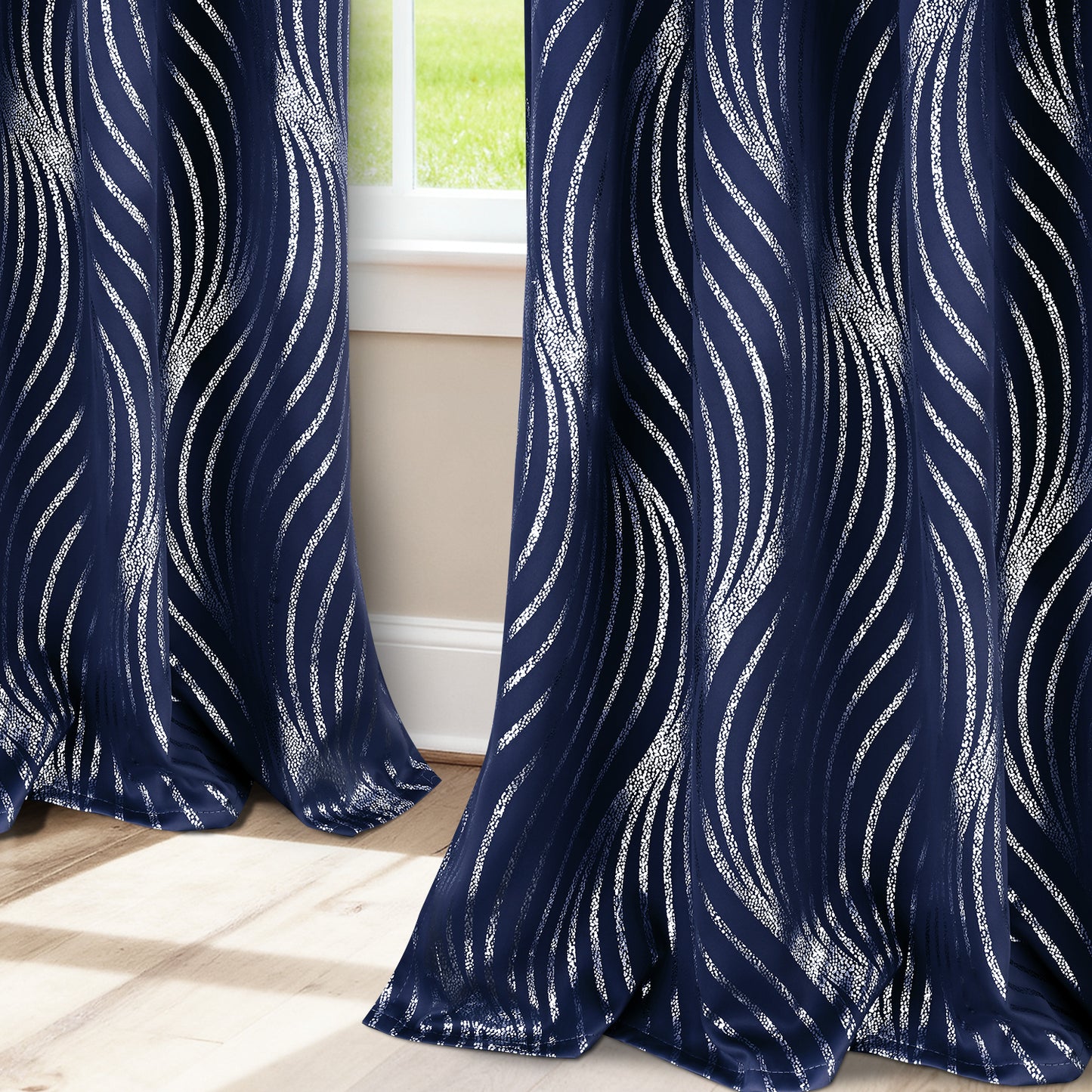Alishomtll Navy Blue Blackout Curtains for Living Room ,Modern Metallic Silver Wave Pattern Bedroom Thermal Insulated Drapes ,2 Panel Set,52"x84"