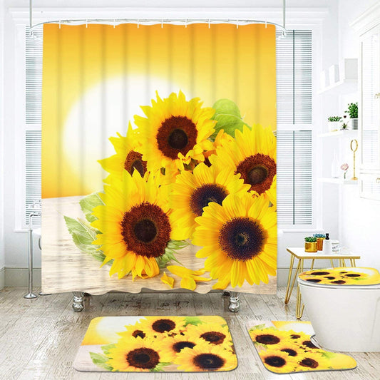 FRAMICS Yellow Sunflower Shower Curtain and Rug Sets, 16 Pc Flowers Bathroom Sets, Waterproof Fabric Shower Curtain with 12 Hooks and Toilet Rugs