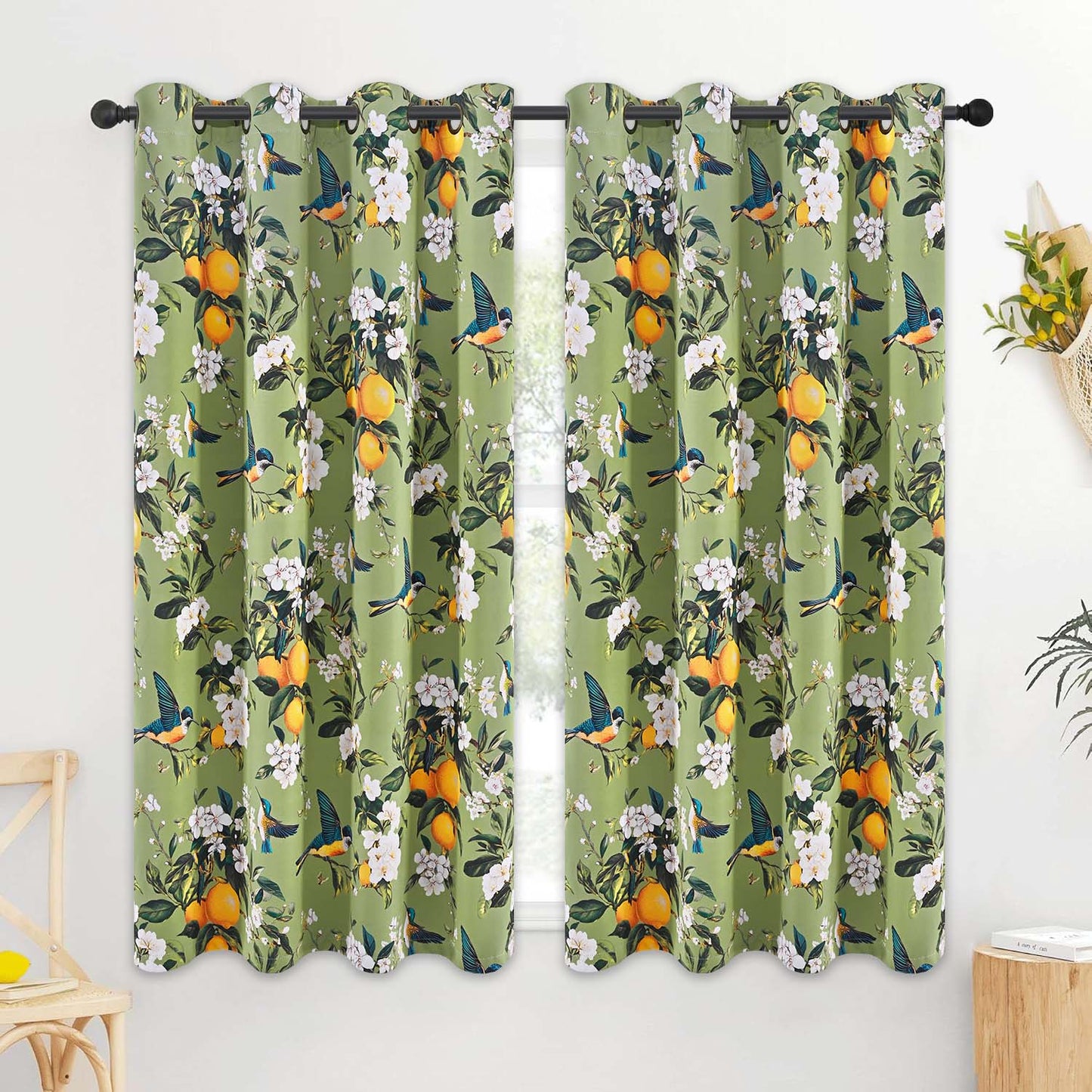 Alishomtll Floral Lemon Hummingbird Blackout Curtains Room Darkening Grommet Window Drapes for Living Room , 52" x63", ,Set of 2 Panels,Sage Green