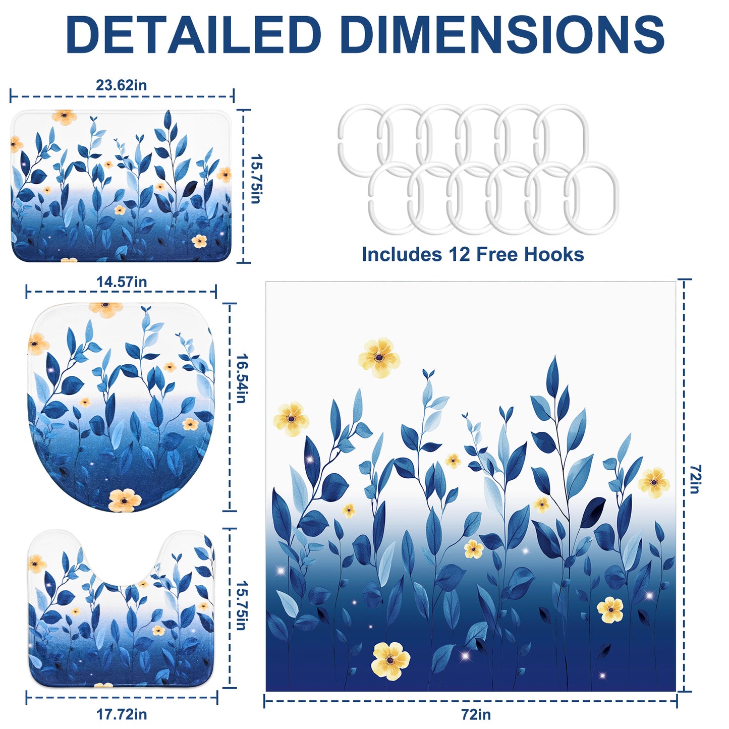 FRAMICS 16-Piece Ombre Floral Shower Curtain Sets with Rugs, Blue Eucalyptus Leaves Bathroom Sets, Waterproof Fabric Bathroom Curtain Decor with Hooks