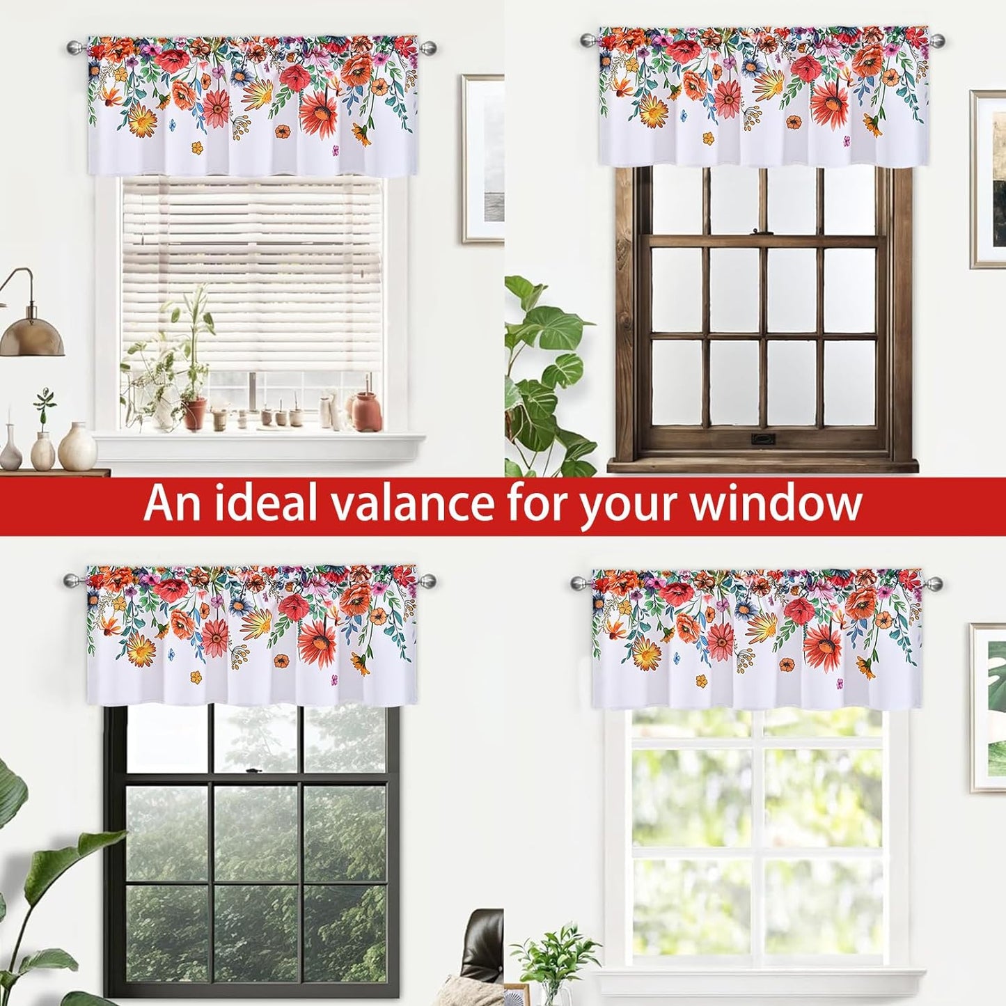 Alishomtll Valance Curtains Blossom Floral Print Window Curtain Valance Rod Pocket, 52W" x 18L",White
