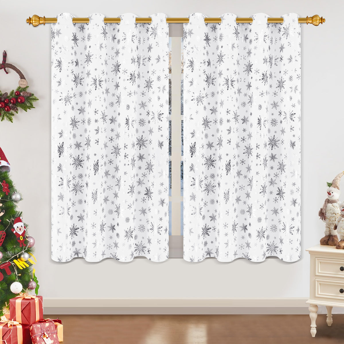 Alishomtll Red Christmas Curtains for Living Room Blackout Golden Snowflake Foil Pattern Room Darkening Window Drapes Holiday Xmas Decor, 52" x 84"L, Set of 2 Panels