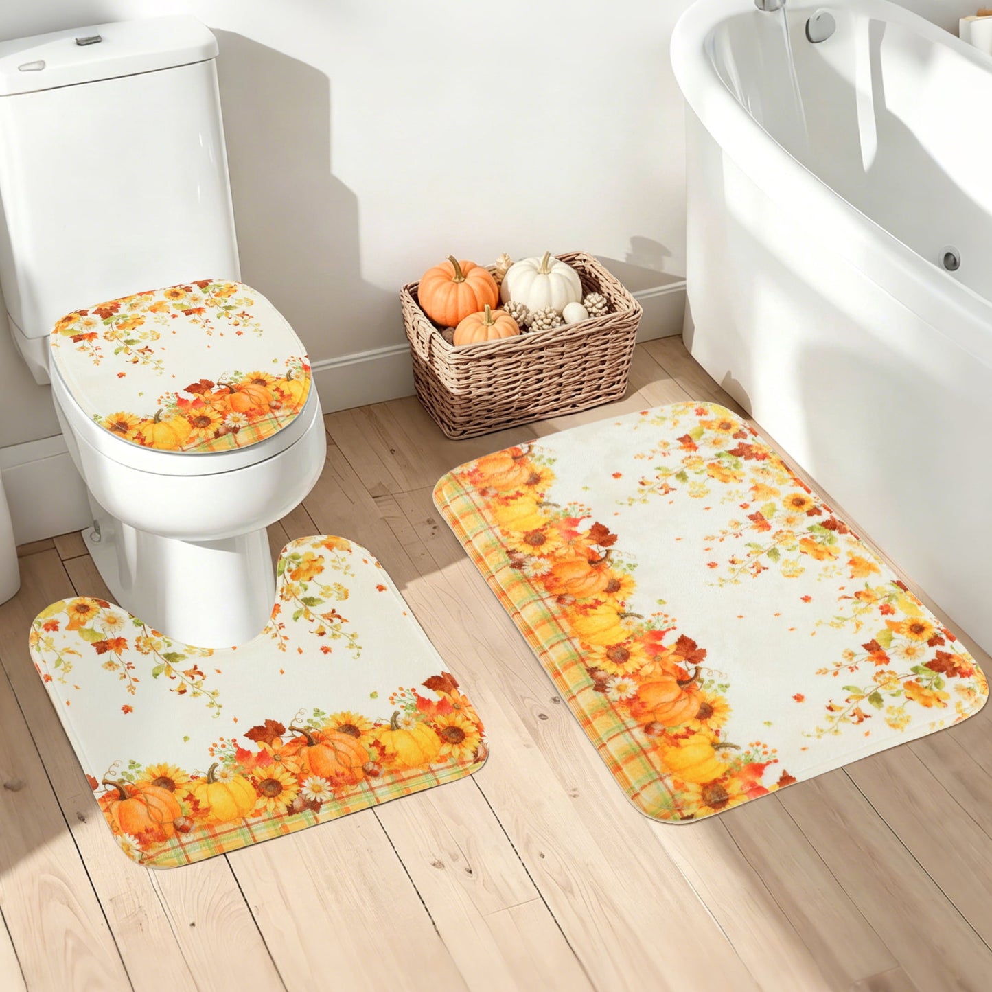 FRAMICS Fall Pumpkin Shower Curtain Sets with Rugs, 16-Piece Thanksgiving Sunflower Buffalo Plaid Bathroom Sets with Hooks, Waterproof Fabric Bathroom Decor Set