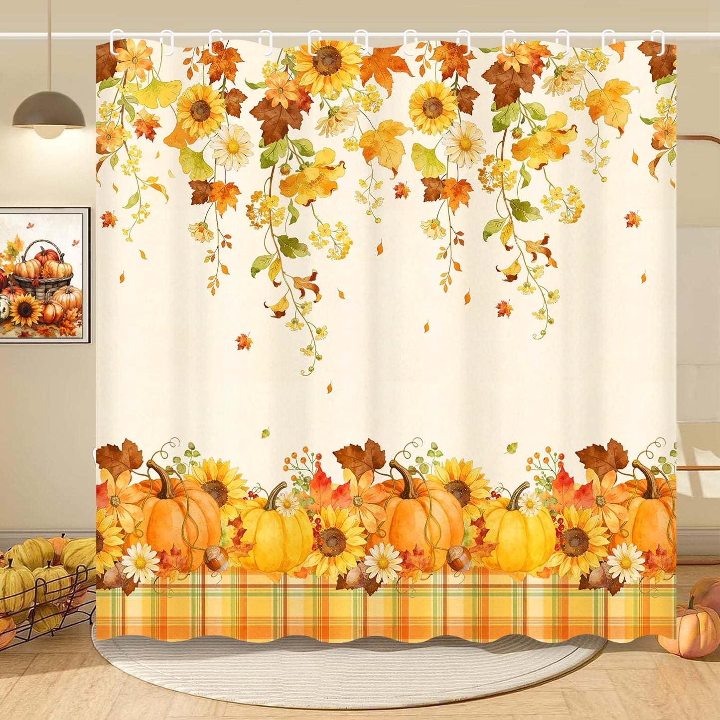 FRAMICS Fall Pumpkin Shower Curtain Sets with Rugs, 16-Piece Thanksgiving Sunflower Buffalo Plaid Bathroom Sets with Hooks, Waterproof Fabric Bathroom Decor Set