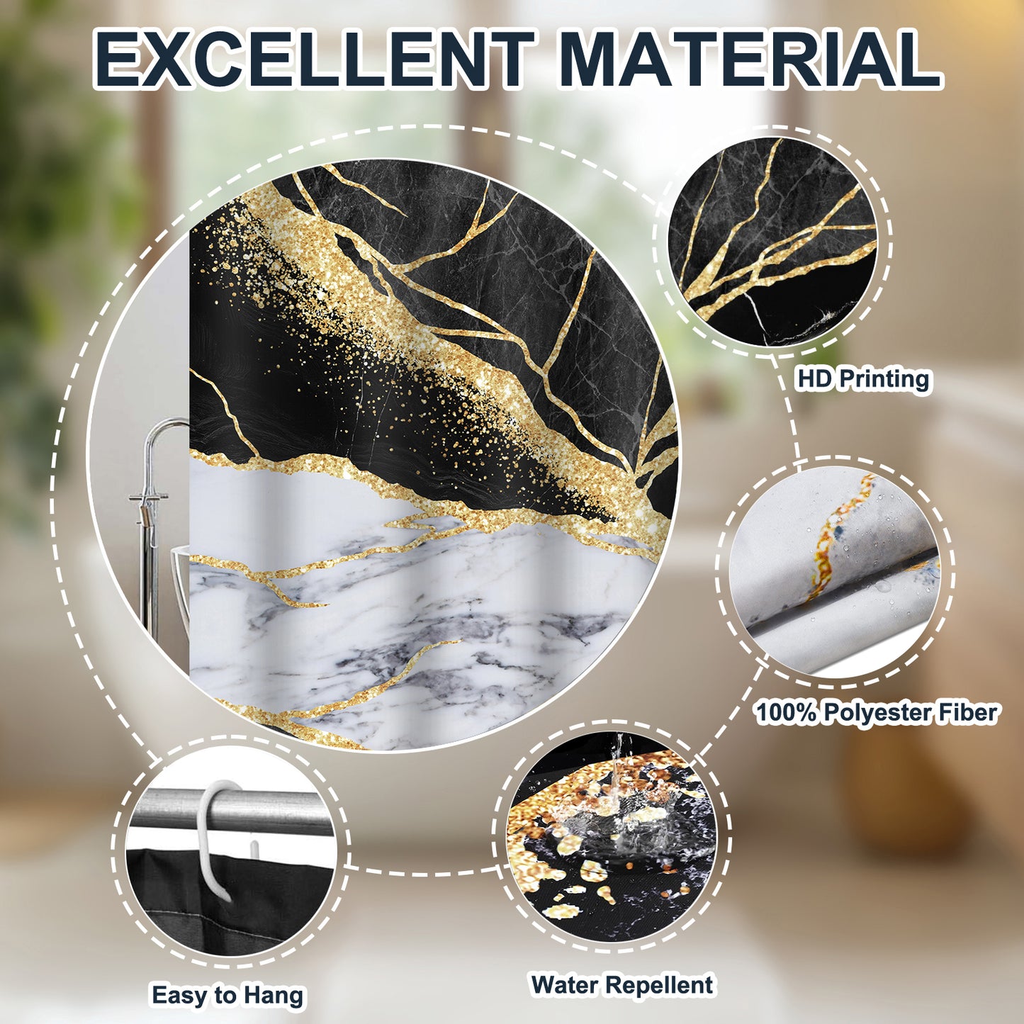 FRAMICS Black Gold Marble Shower Curtain and Rug Sets, 16 Pc Modern Bathroom Sets, Waterproof Fabric Shower Curtain with 12 Hooks and Toilet Rugs