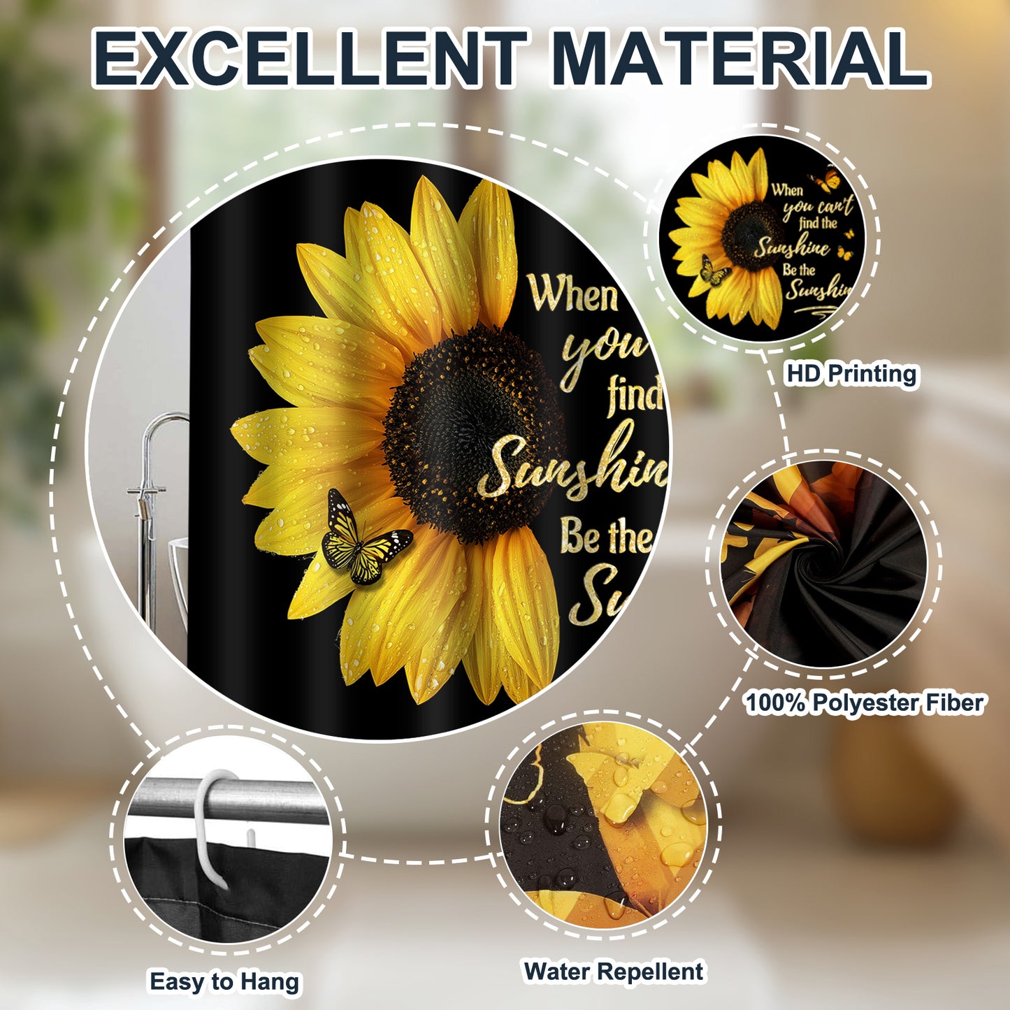 FRAMICS 16 Pc Sunflower Butterfly Shower Curtain and Rug Sets, Flower Quotes Bathroom Sets, Black Waterproof Fabric Shower Curtain with 12 Hooks and Toilet Rugs